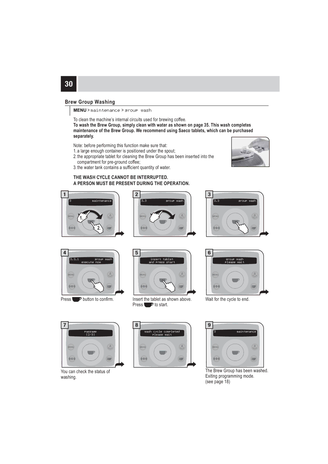 Saeco Coffee Makers SUP032BR manual Brew Group Washing, Maintenance group wash, ExwwrqWrFrq¿Up 