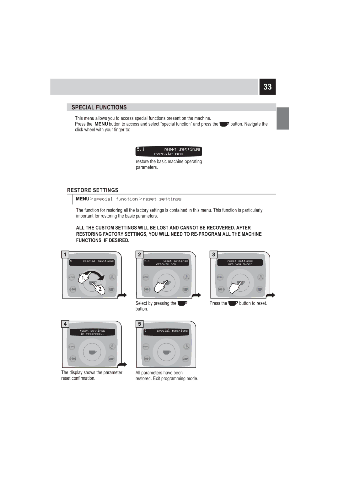 Saeco Coffee Makers SUP032BR Special Functions, Restore Settings, Special function reset settings, UhvhwFrq¿Updwlrq 