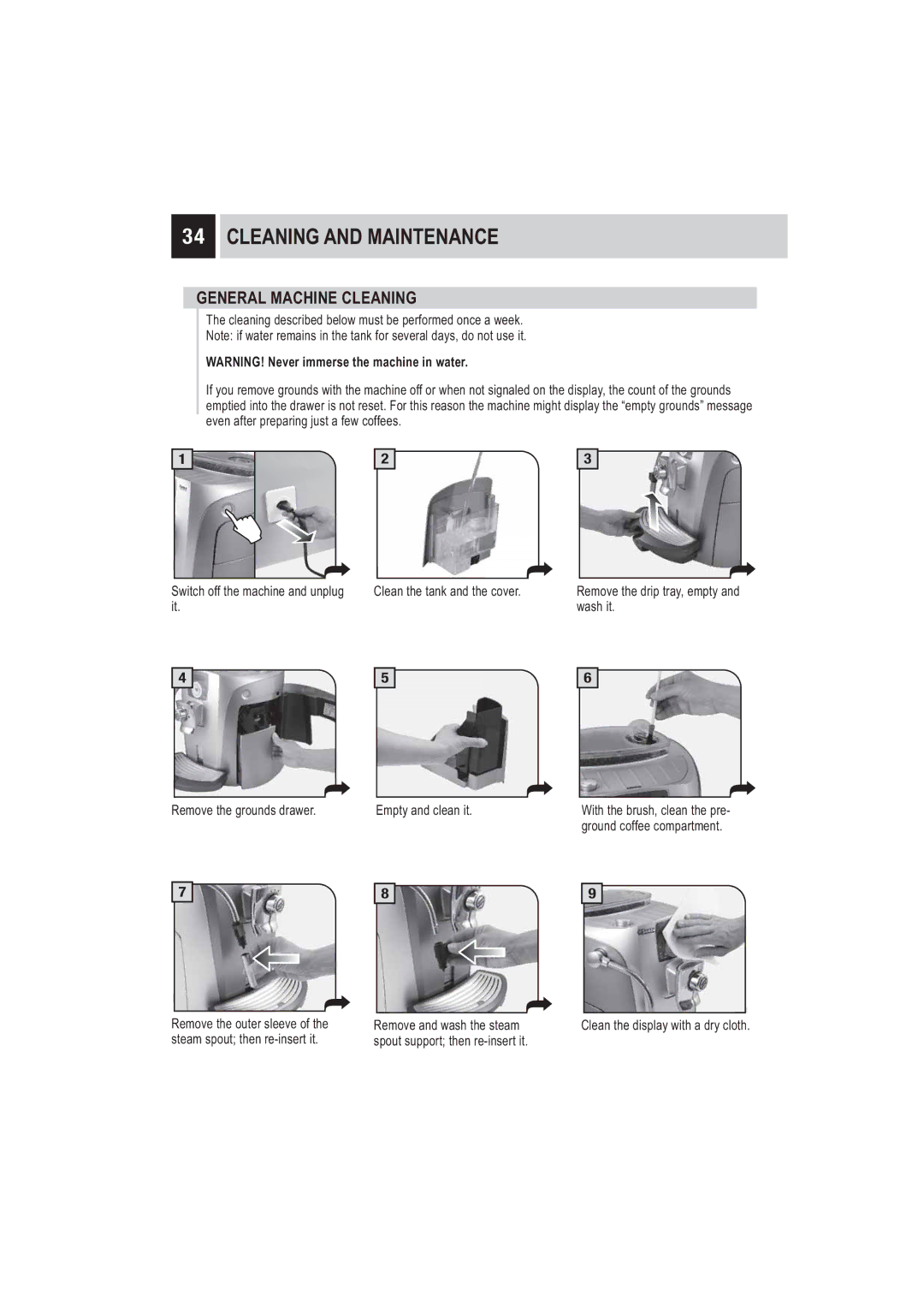 Saeco Coffee Makers SUP032BR manual Cleaning and Maintenance, General Machine Cleaning 