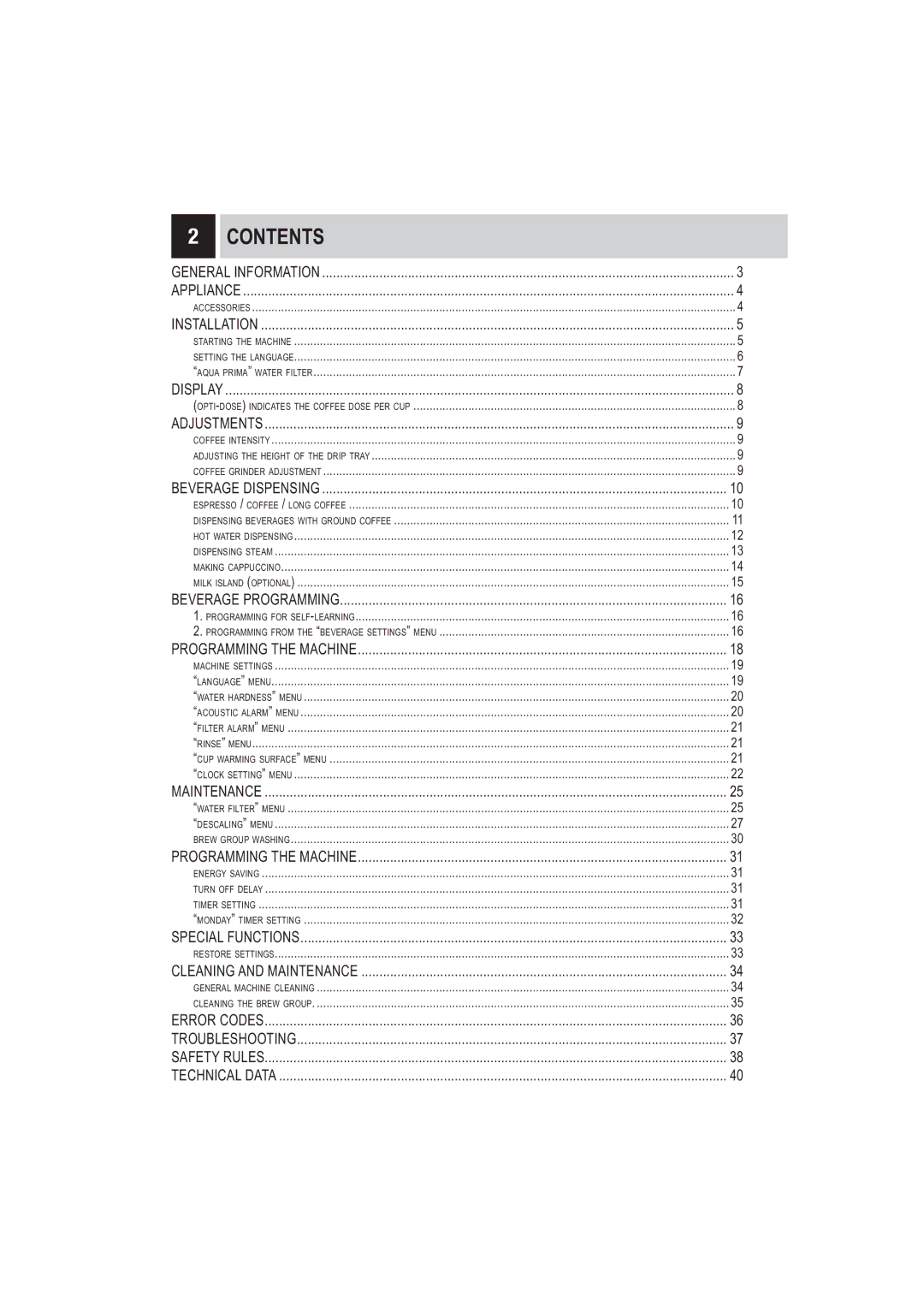 Saeco Coffee Makers SUP032BR manual Contents 