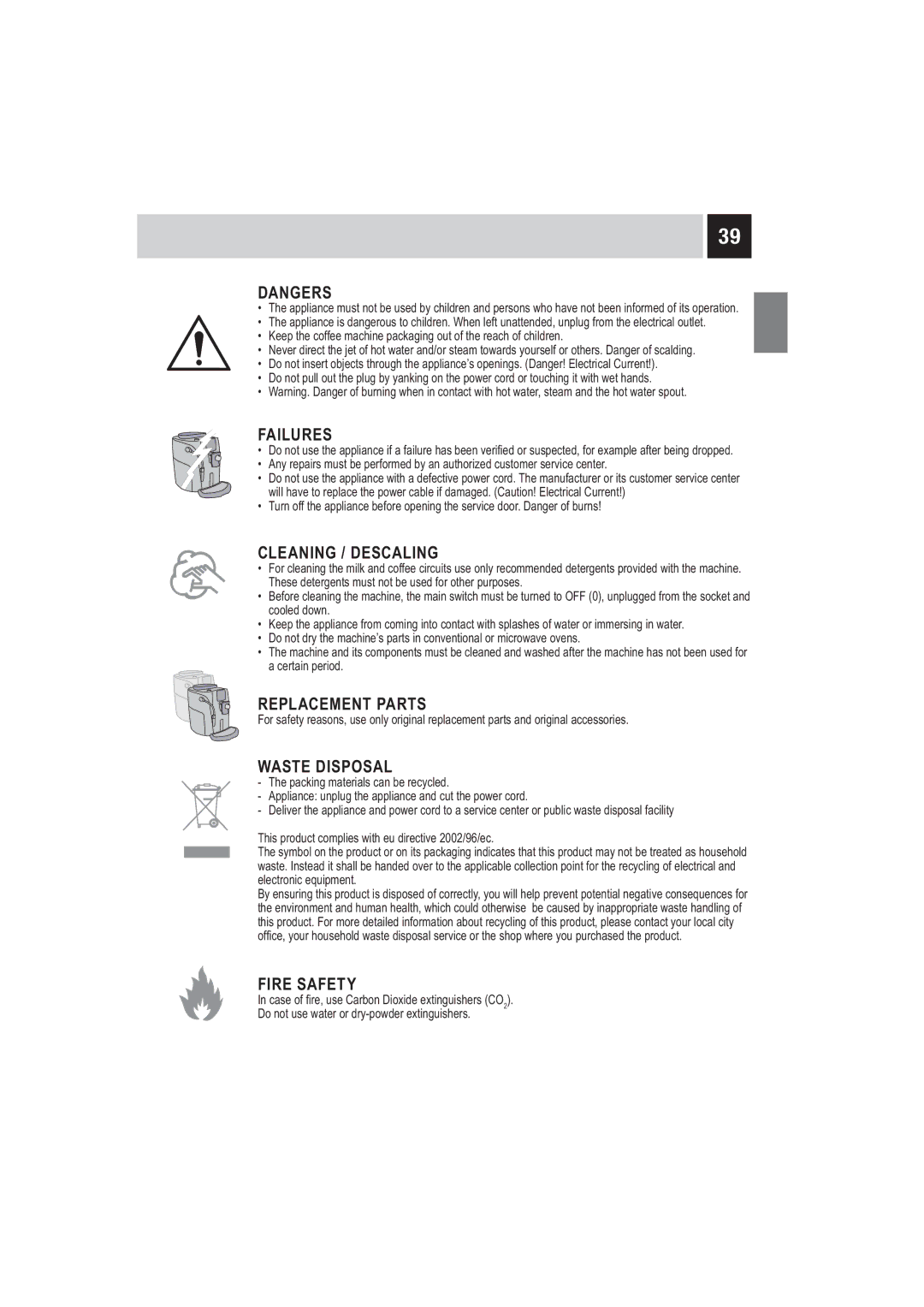 Saeco Coffee Makers SUP032BR manual Failures, Cleaning / Descaling, Replacement Parts, Waste Disposal, Fire Safety 