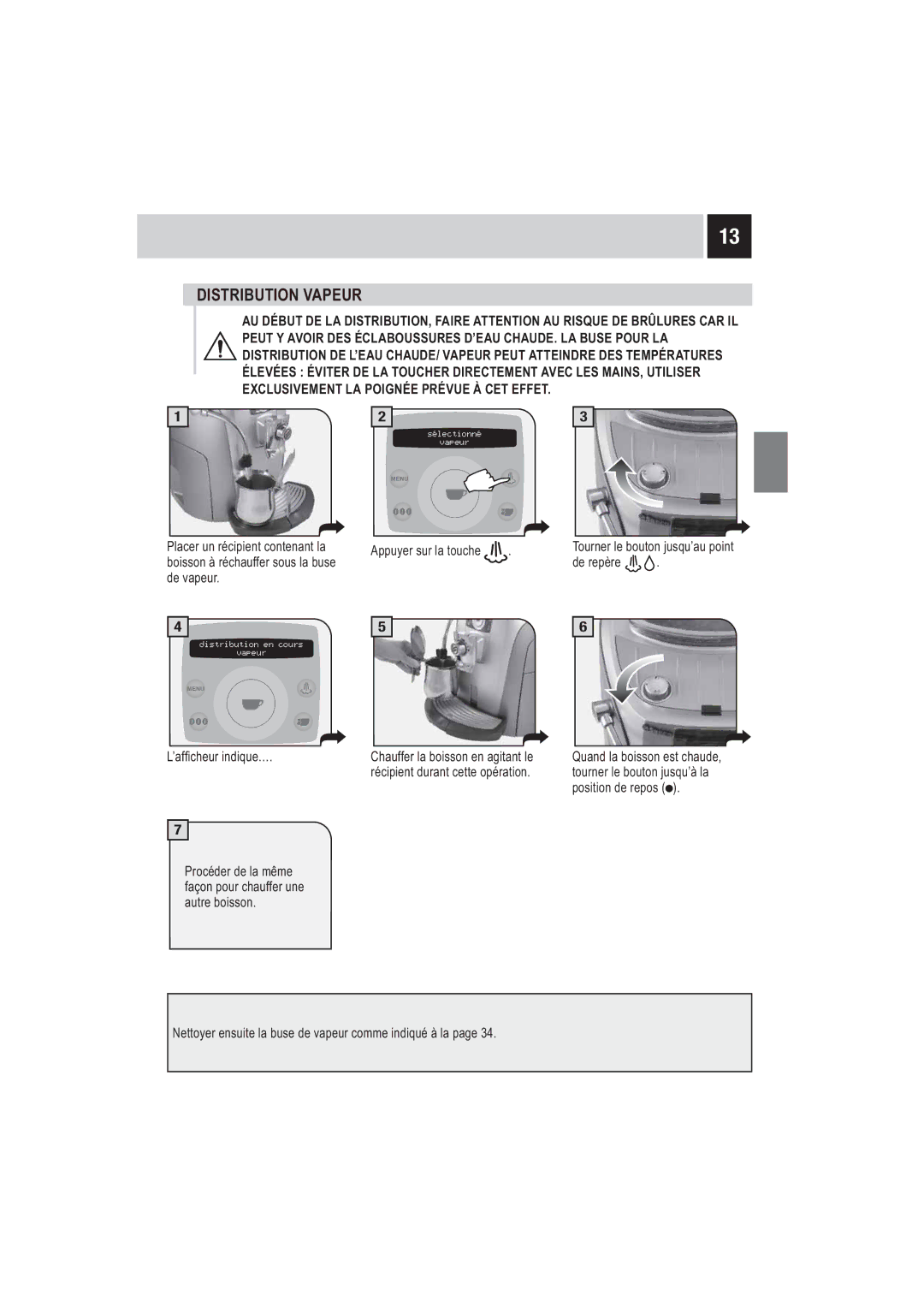 Saeco Coffee Makers SUP032BR manual Distribution Vapeur 