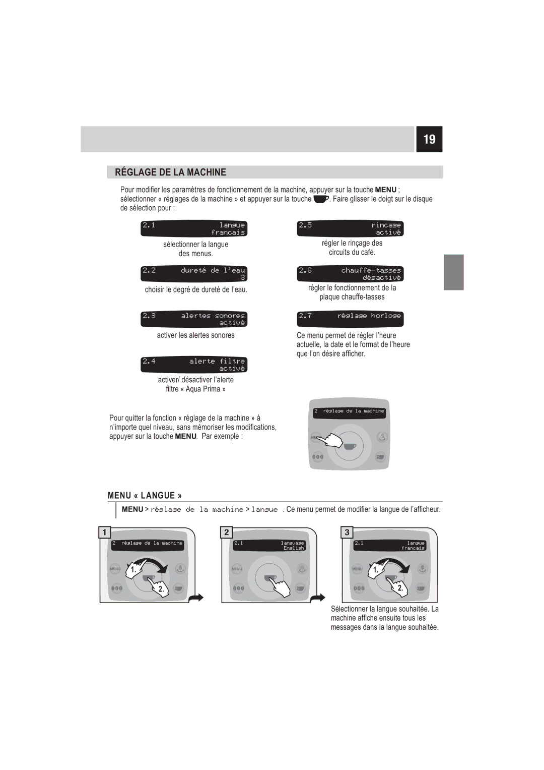 Saeco Coffee Makers SUP032BR manual Réglage DE LA Machine, Menu « Langue » 