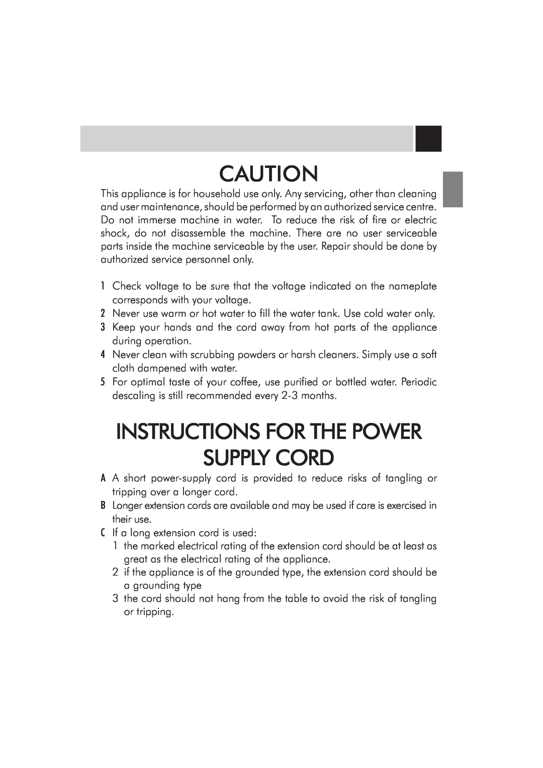Saeco Coffee Makers SUP032BR manual Supply Cord, Instructions For The Power 