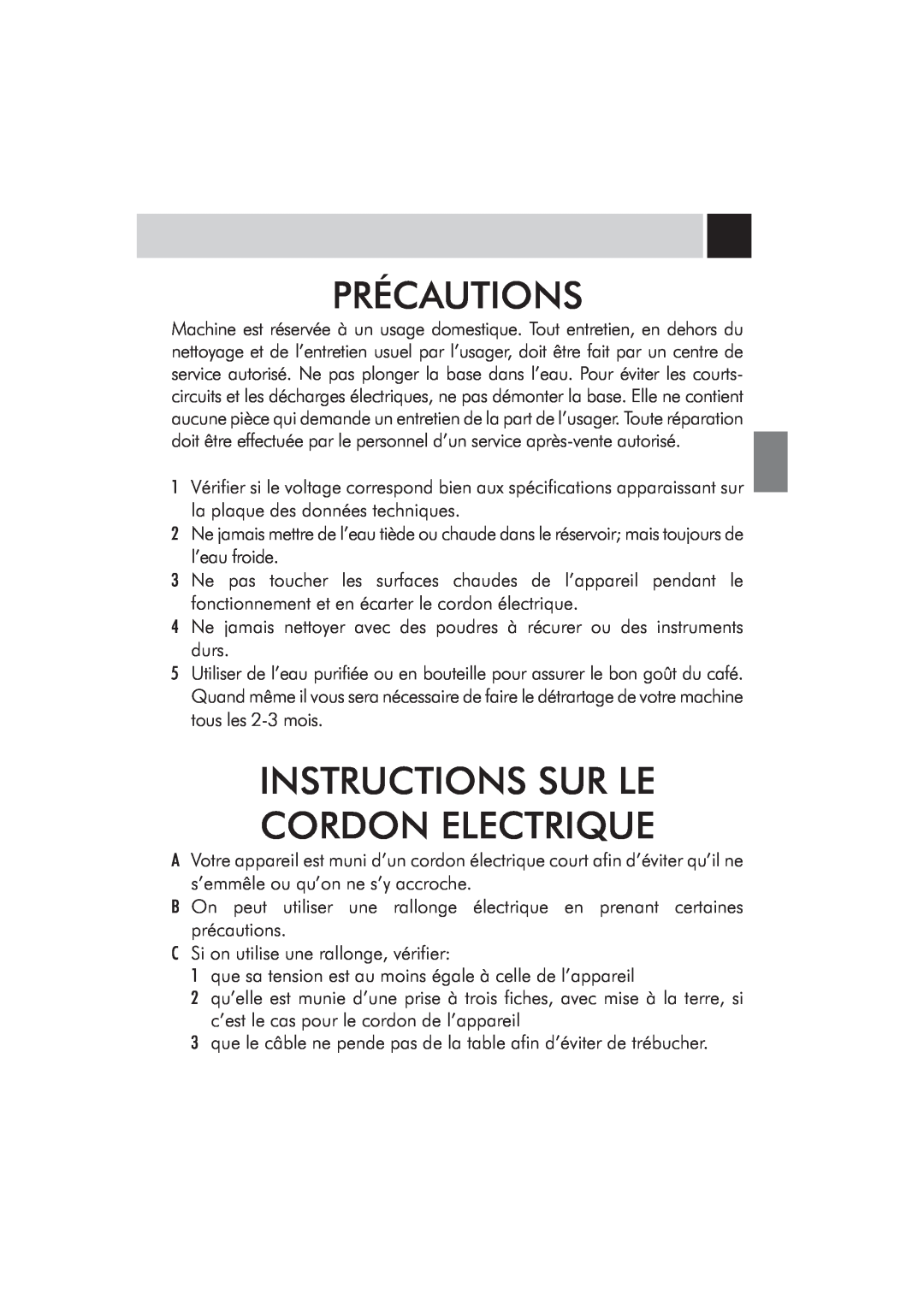 Saeco Coffee Makers SUP032BR manual Précautions, Instructions Sur Le Cordon Electrique 