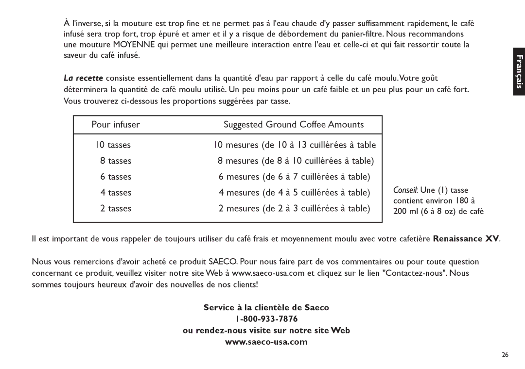 Saeco Coffee Makers TDCM15 manual Pour infuser Suggested Ground Coffee Amounts Tasses 