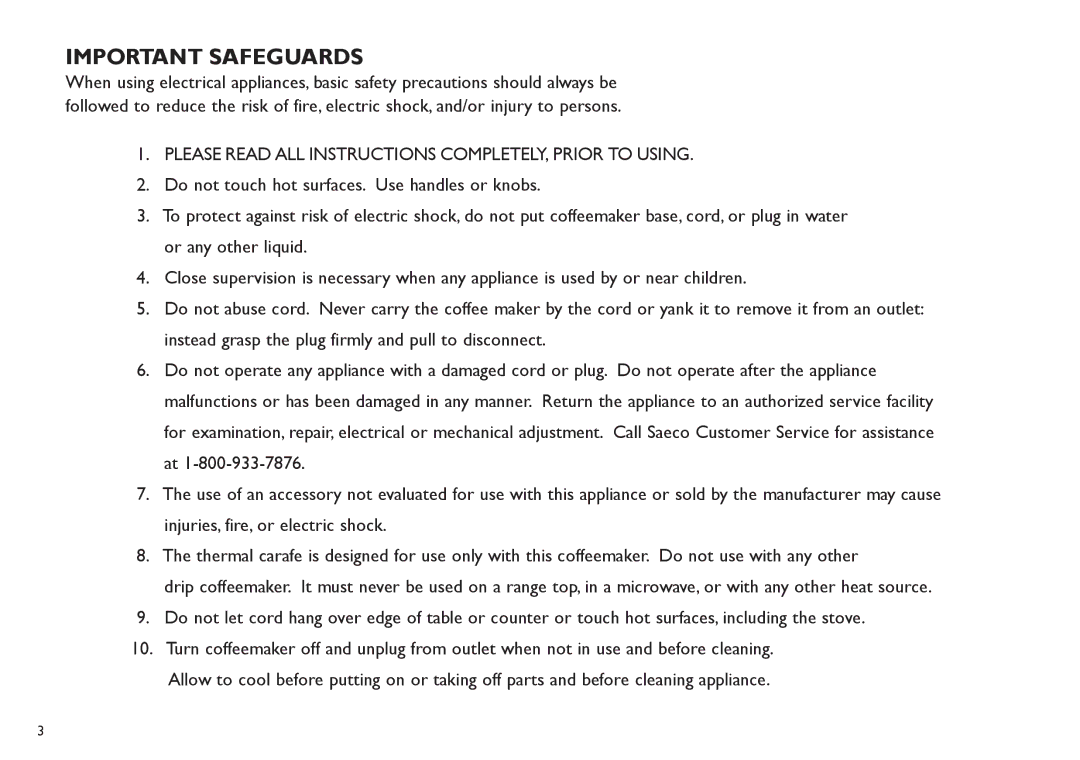 Saeco Coffee Makers TDCM15 manual Important Safeguards, Please Read ALL Instructions COMPLETELY, Prior to Using 