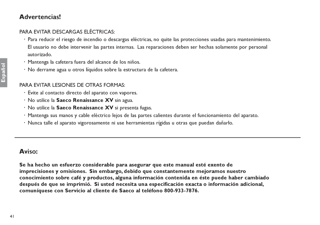 Saeco Coffee Makers TDCM15 Advertencias, Aviso, Para Evitar Descargas Eléctricas, Para Evitar Lesiones DE Otras Formas 