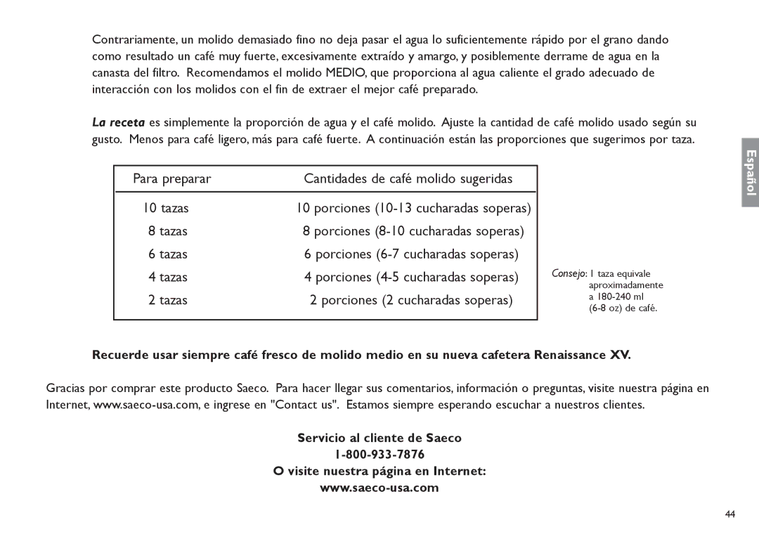 Saeco Coffee Makers TDCM15 manual Para preparar Cantidades de café molido sugeridas Tazas 