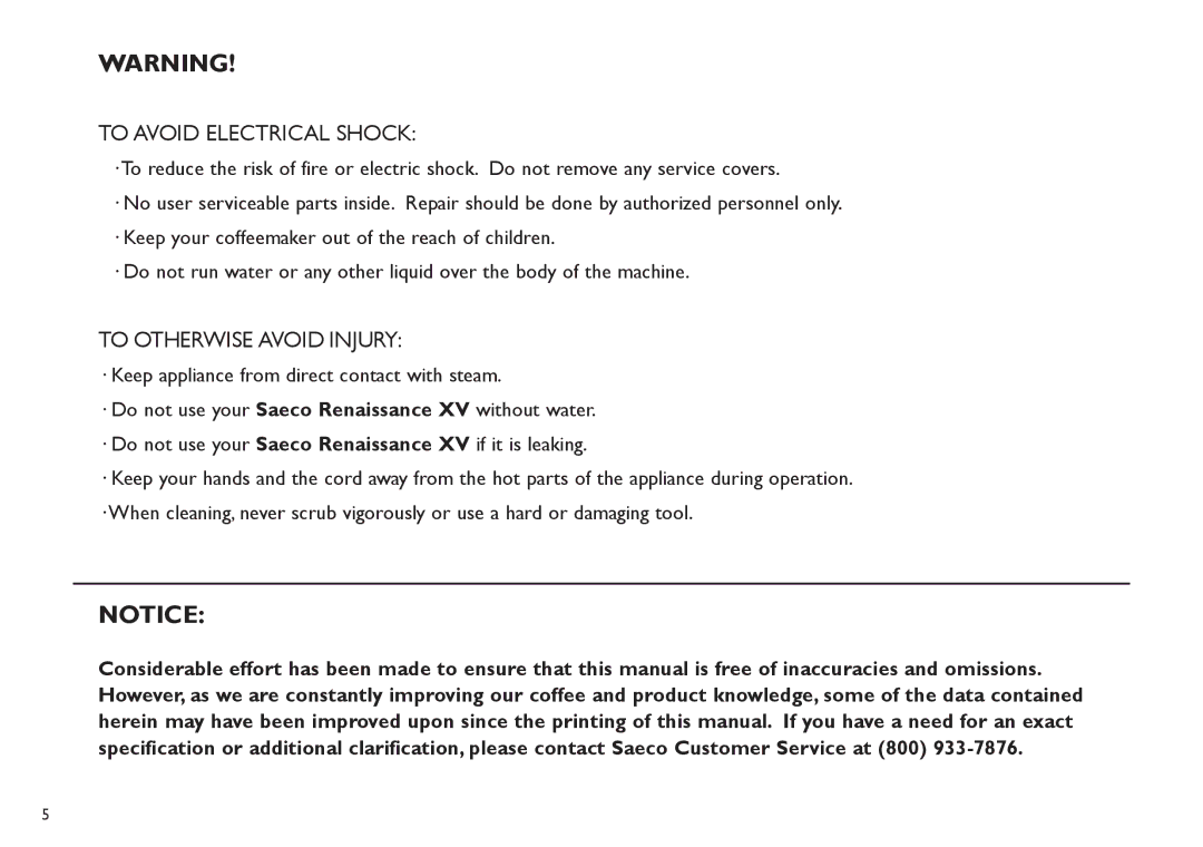 Saeco Coffee Makers TDCM15 manual To Avoid Electrical Shock 