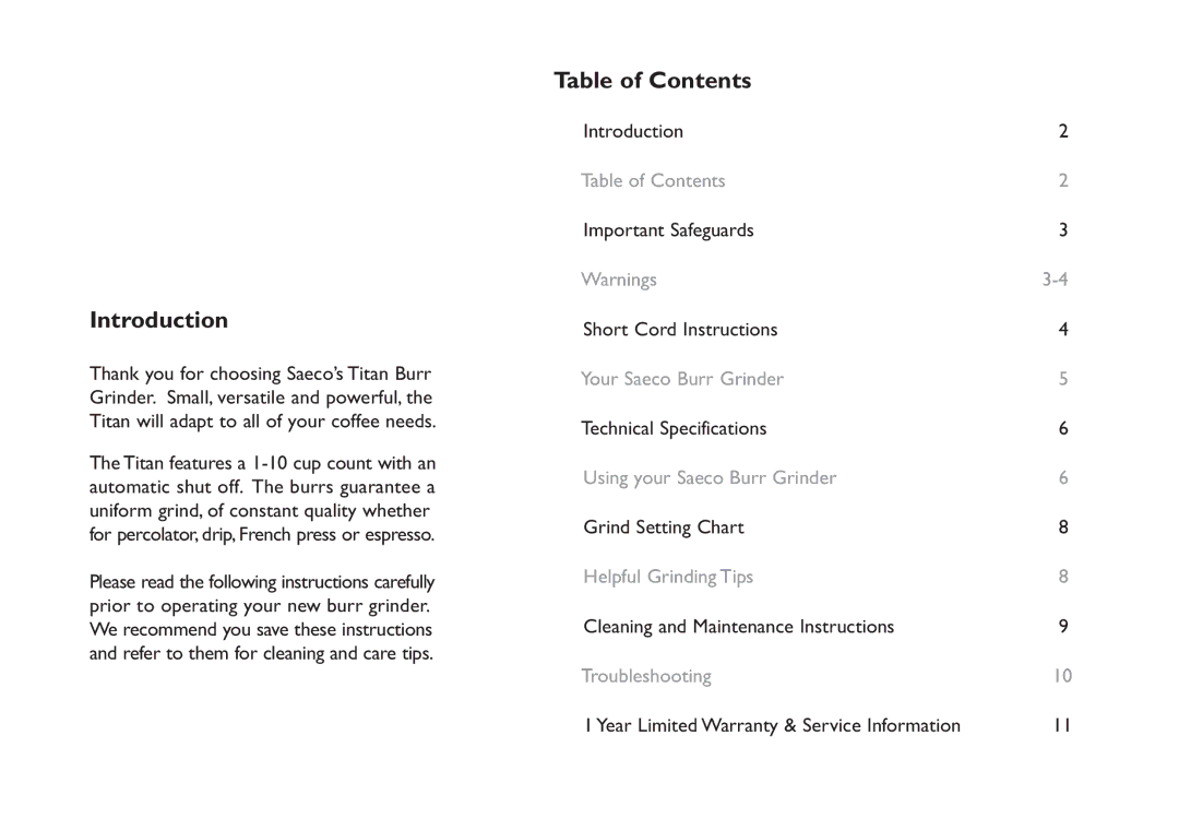 Saeco Coffee Makers Titan instruction manual Introduction, Table of Contents 