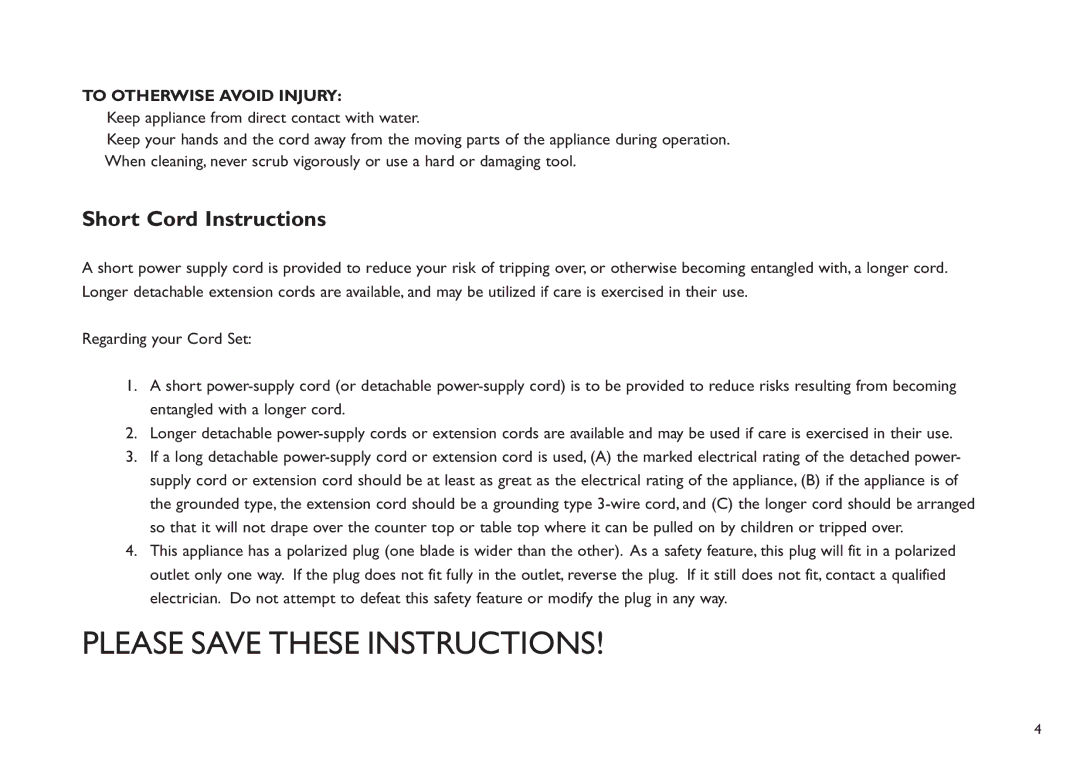 Saeco Coffee Makers Titan instruction manual Short Cord Instructions, To Otherwise Avoid Injury 