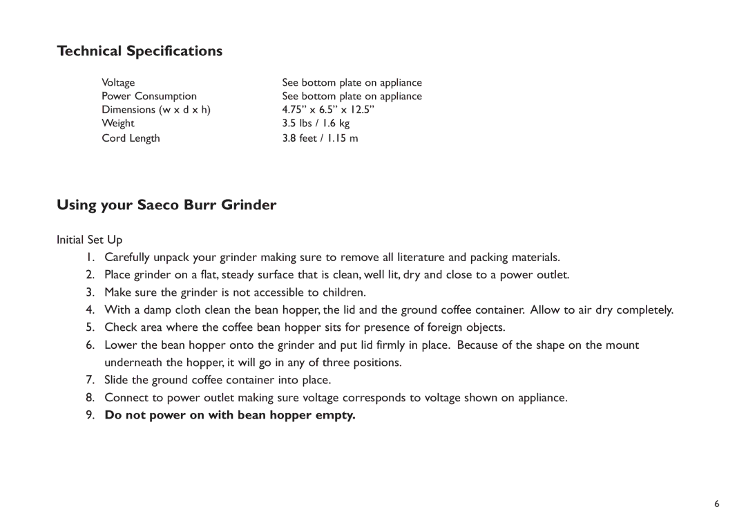 Saeco Coffee Makers Titan instruction manual Technical Specifications, Using your Saeco Burr Grinder 