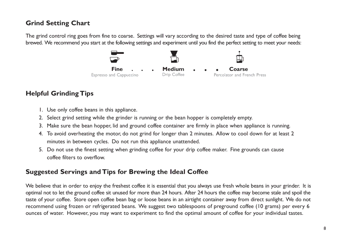 Saeco Coffee Makers Titan instruction manual Grind Setting Chart, Helpful Grinding Tips 