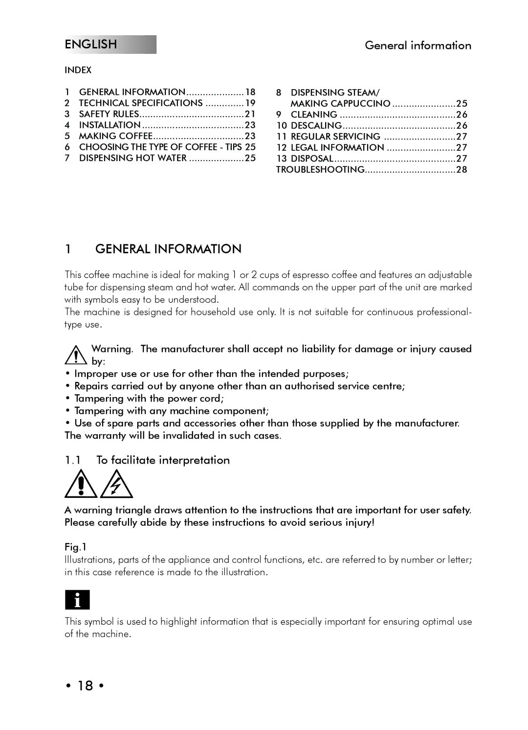 Saeco Coffee Makers Type SIN024X manual English, General Information, General information, To facilitate interpretation 