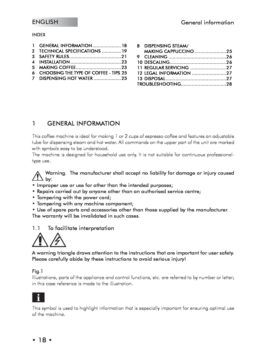 Saeco Coffee Makers Type SIN024X manual English, General Information, General information, To facilitate interpretation 