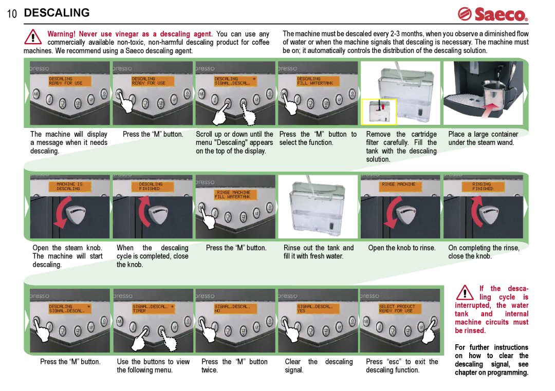 Saeco Coffee Makers V-spresso manual Vinegar as a descaling Agent, For Further, How Clear Descaling Signal See 