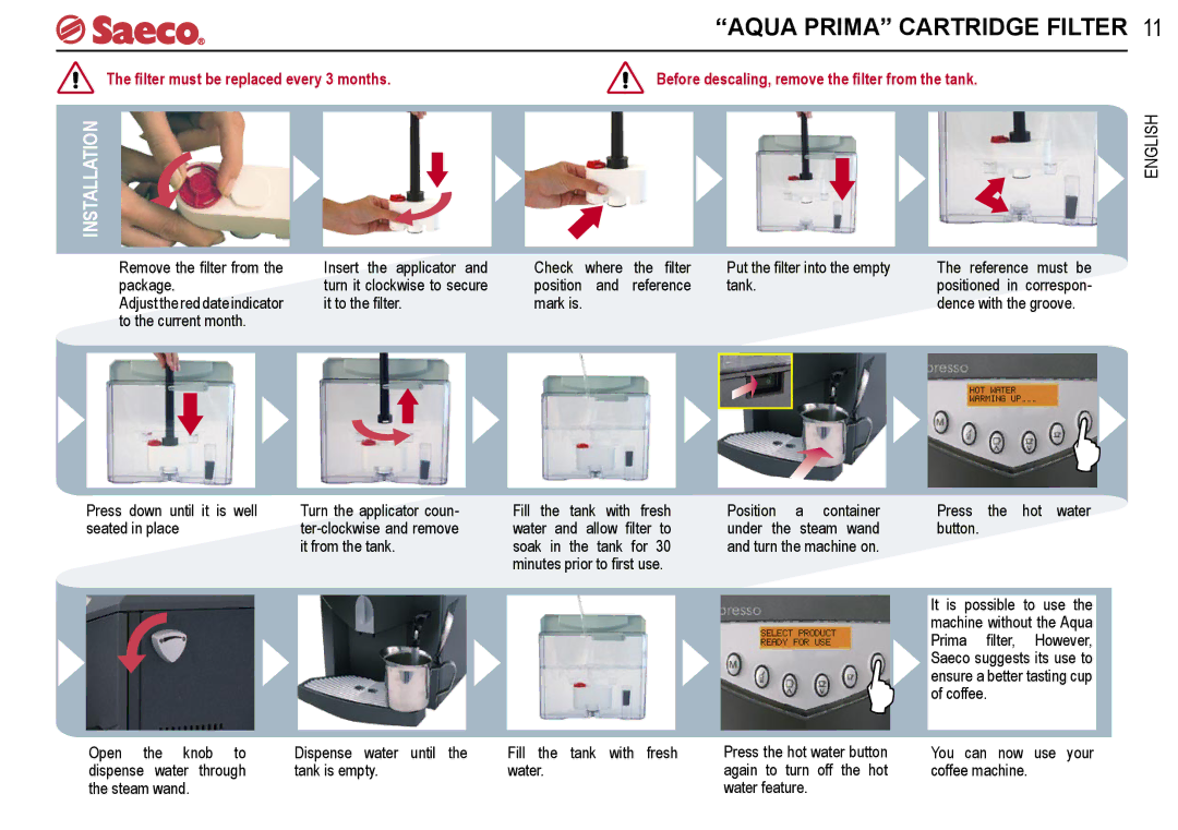 Saeco Coffee Makers V-spresso manual Aqua Prima Cartridge Filter, Installation, ﬁlter must be replaced every 3 months 