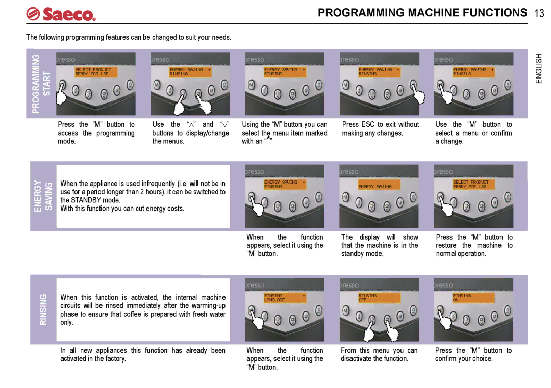 Saeco Coffee Makers V-spresso manual Programming Machine Functions, Programming Start, Energy Saving 