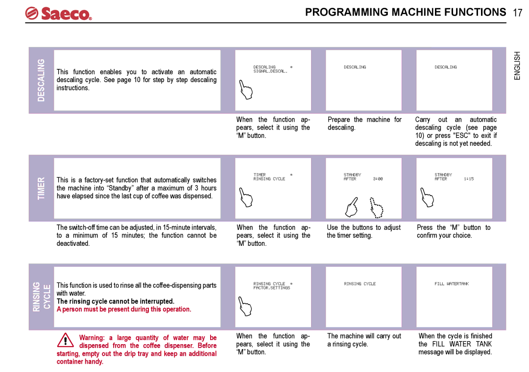 Saeco Coffee Makers V-spresso manual Descaling, Timer, Rinsing Cycle, Person must be present during this operation 