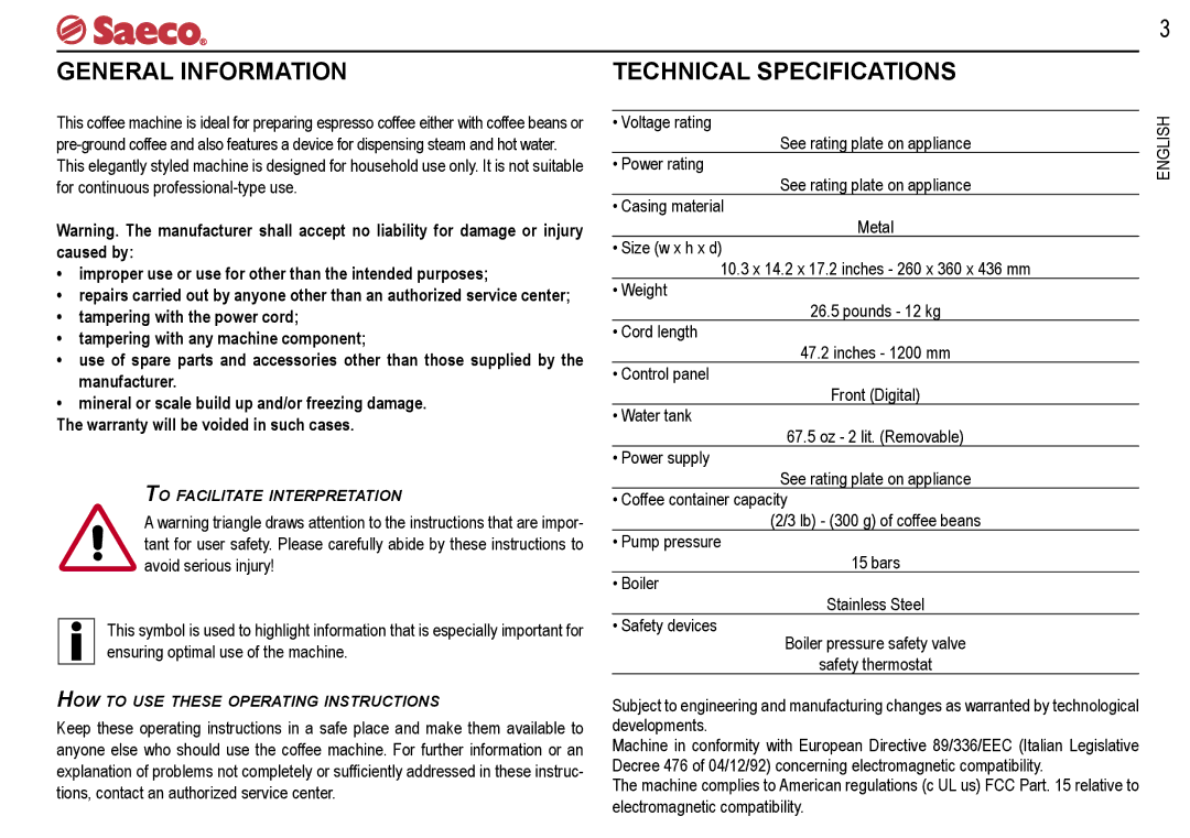 Saeco Coffee Makers V-spresso manual General Information, Technical Specifications 