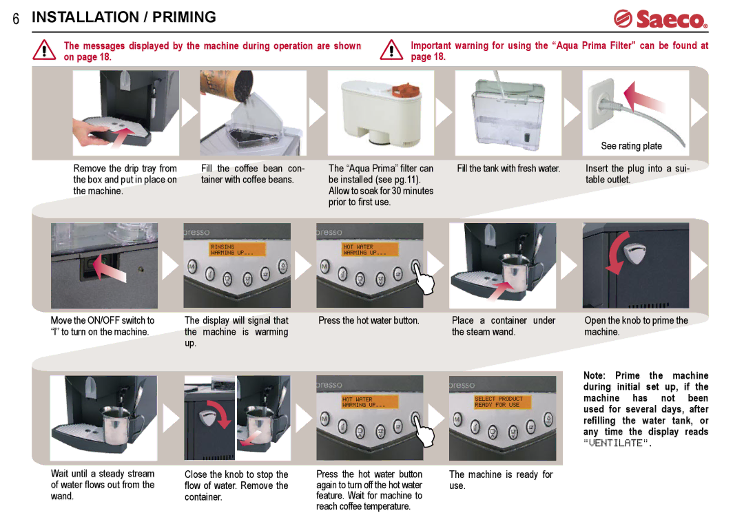 Saeco Coffee Makers V-spresso manual Installation / Priming 