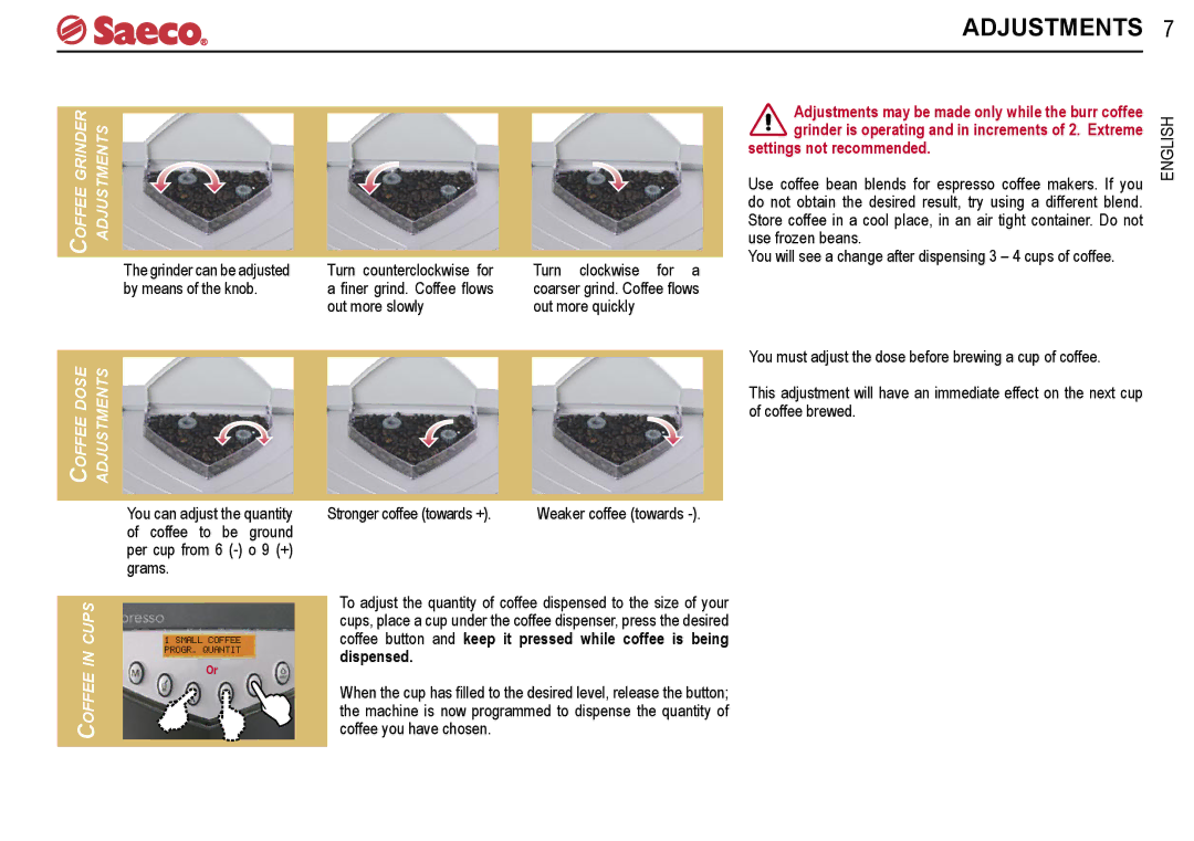 Saeco Coffee Makers V-spresso manual Adjustments, Settings not recommended 