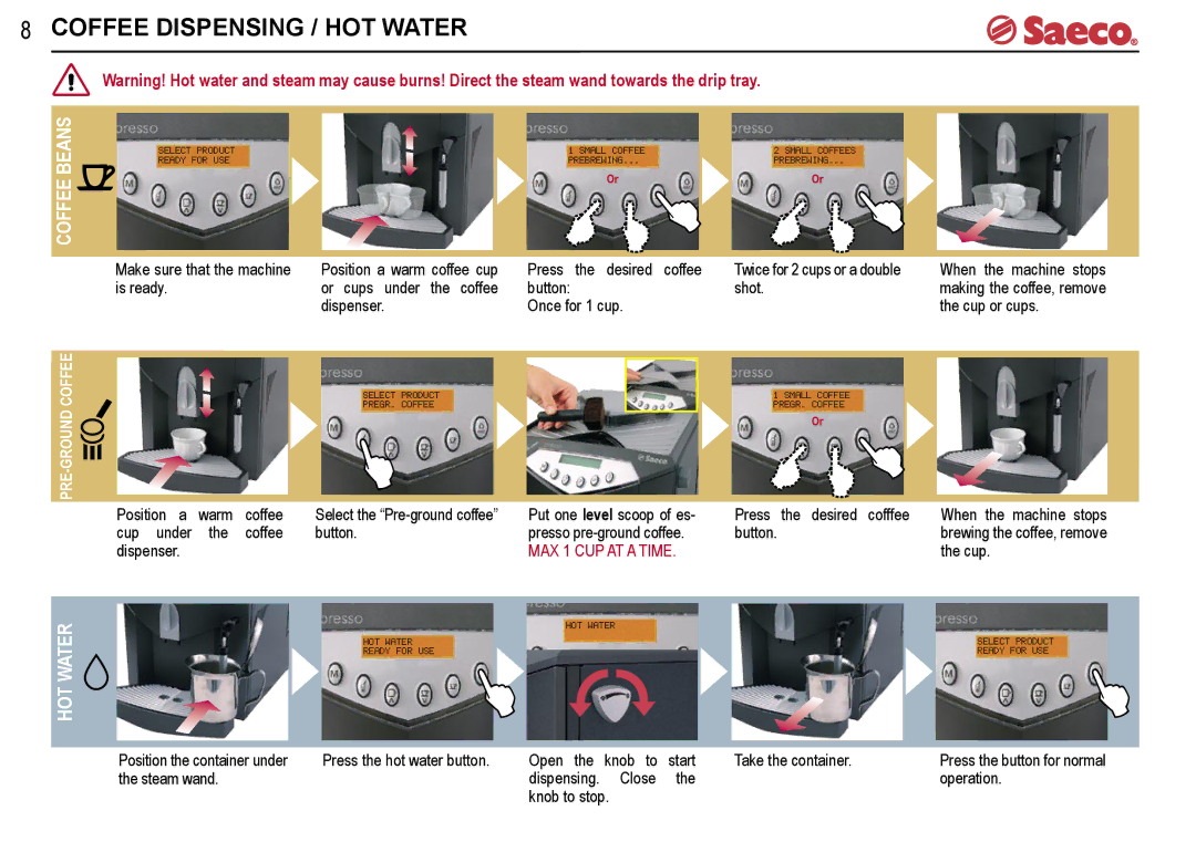 Saeco Coffee Makers V-spresso manual Coffee Dispensing / HOT Water, Coffee Beans 