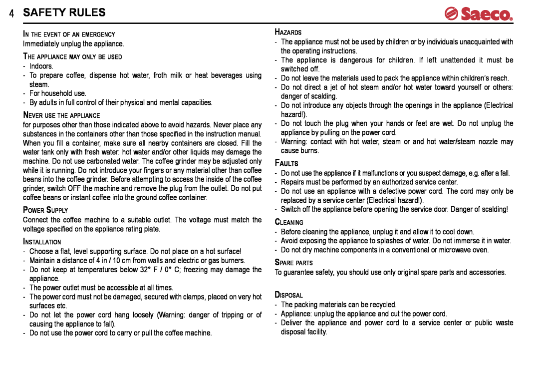 Saeco Coffee Makers V-spresso manual Safety Rules 