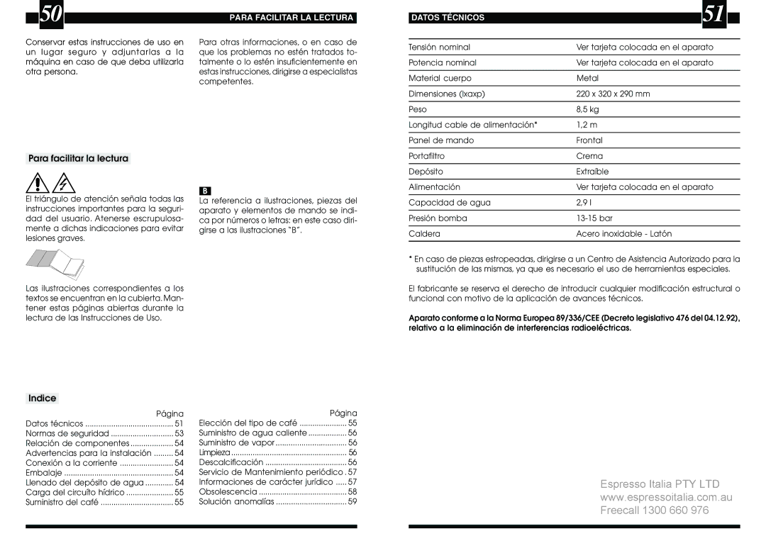 Saeco Coffee Makers VIA Venezia manual Para facilitar la lectura, Para Facilitar LA Lectura, Datos Técnicos 