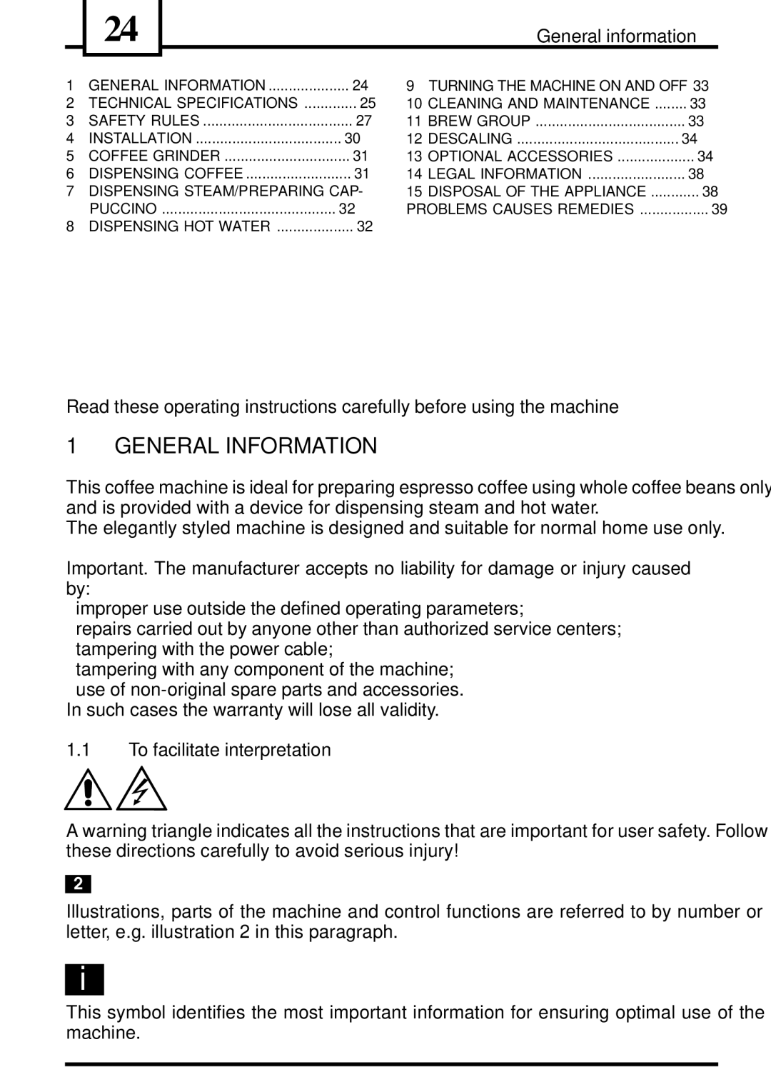 Saeco Coffee Makers VIENNADELUXE manual General Information, General information 