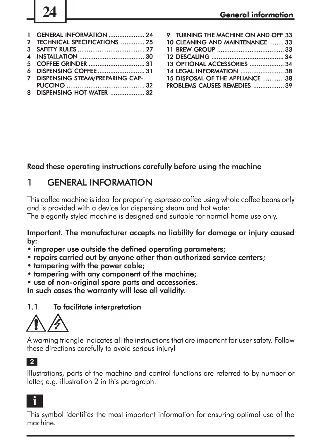 Saeco Coffee Makers VIENNADELUXE manual 1GENERAL INFORMATION 