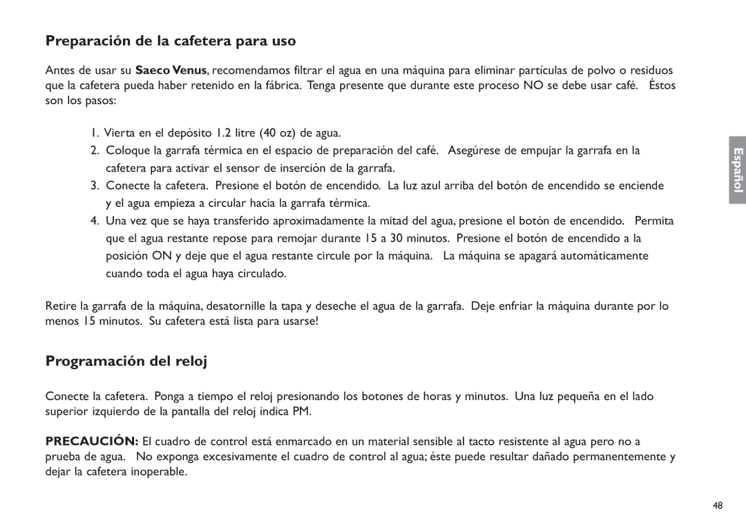 Saeco Coffee Makers XXCX manual Preparación de la cafetera para uso, Programación del reloj 