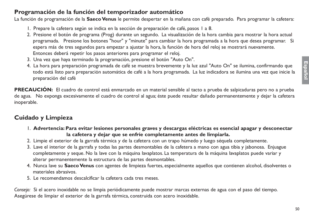 Saeco Coffee Makers XXCX manual Programación de la función del temporizador automático, Cuidado y Limpieza 