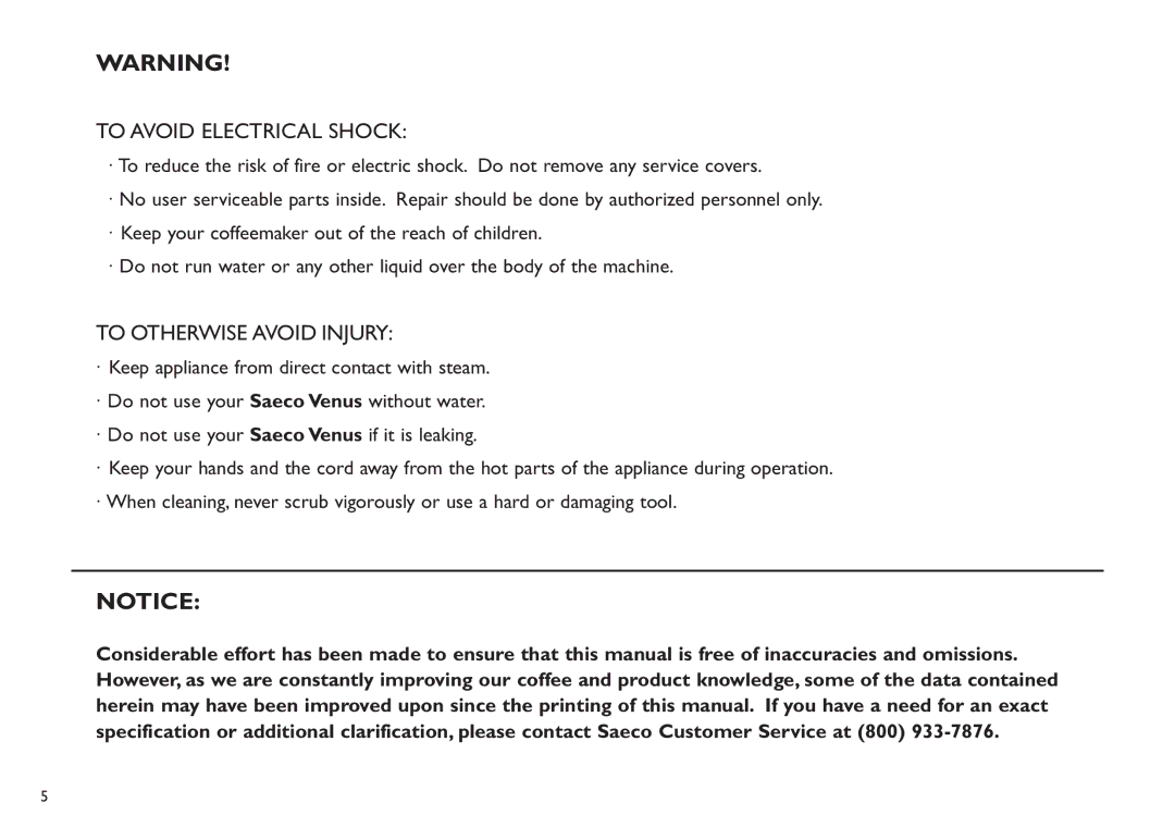 Saeco Coffee Makers XXCX manual To Avoid Electrical Shock 