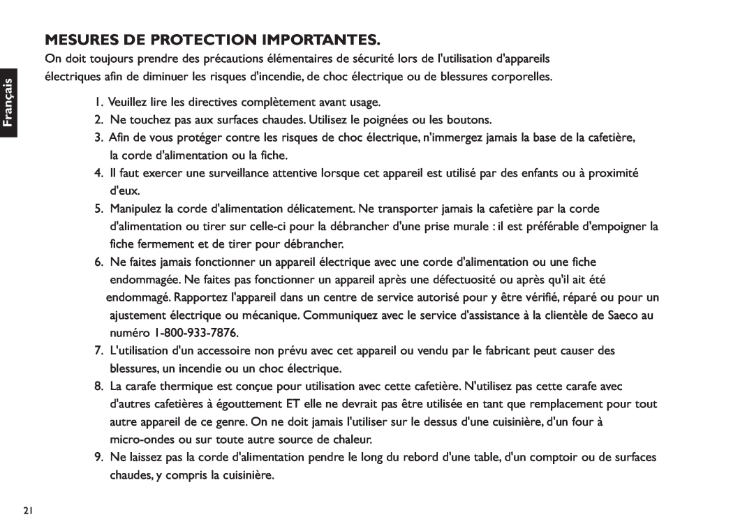 Saeco Coffee Makers XXCX manual Mesures De Protection Importantes, Français 