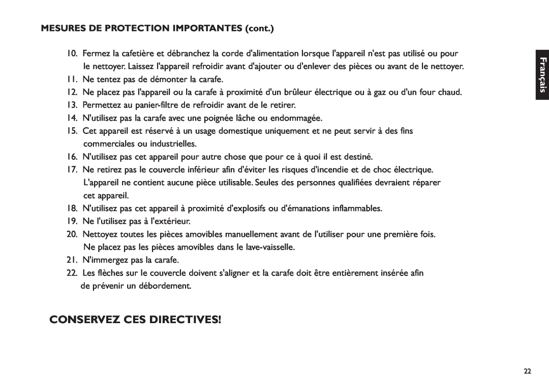 Saeco Coffee Makers XXCX manual Conservez Ces Directives, MESURES DE PROTECTION IMPORTANTES cont, Français 