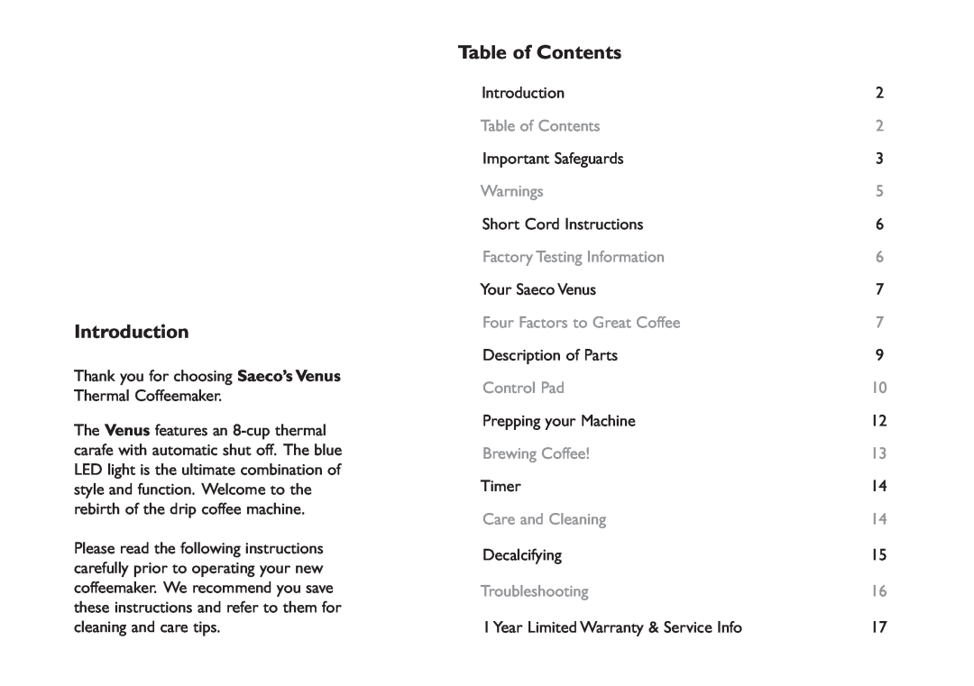 Saeco Coffee Makers XXCX manual Introduction, Table of Contents, Warnings, Factory Testing Information, Control Pad 