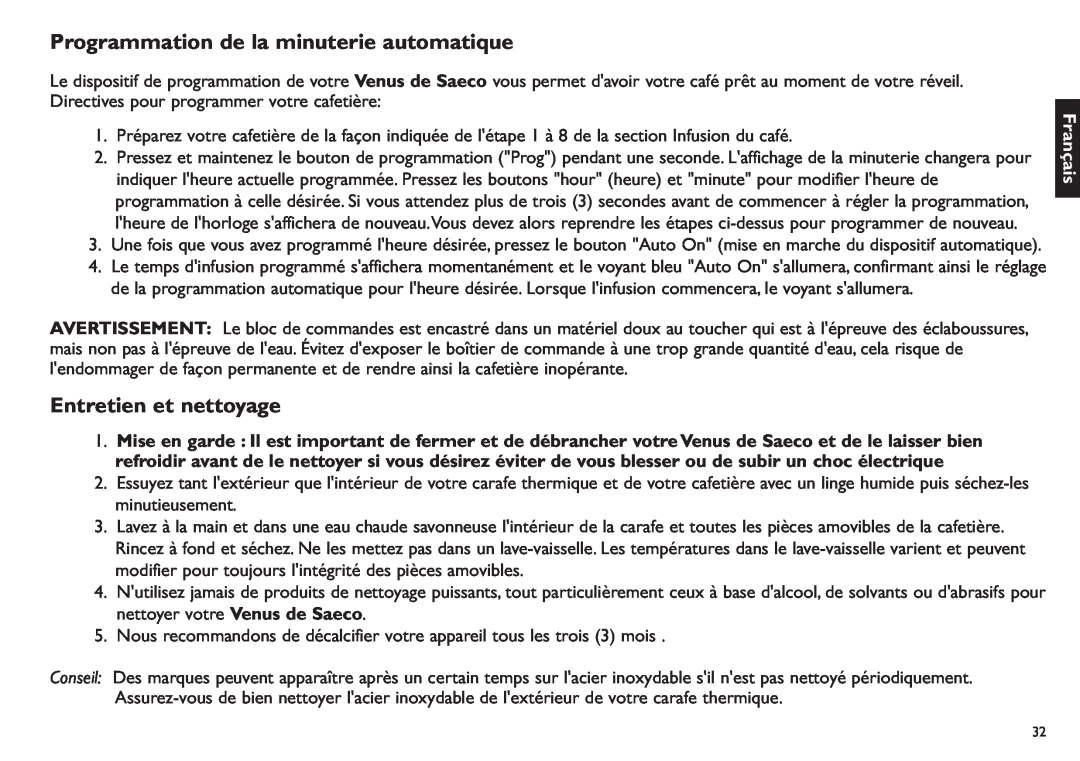 Saeco Coffee Makers XXCX manual Programmation de la minuterie automatique, Entretien et nettoyage, Français 