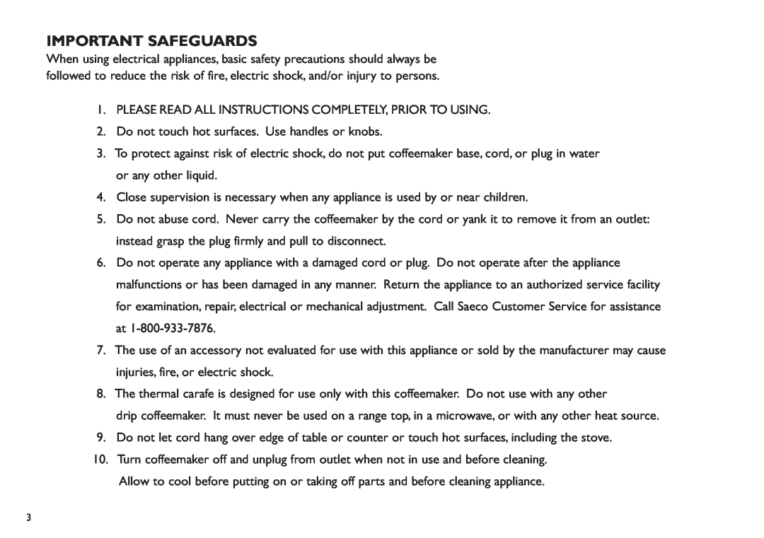 Saeco Coffee Makers XXCX manual Important Safeguards 