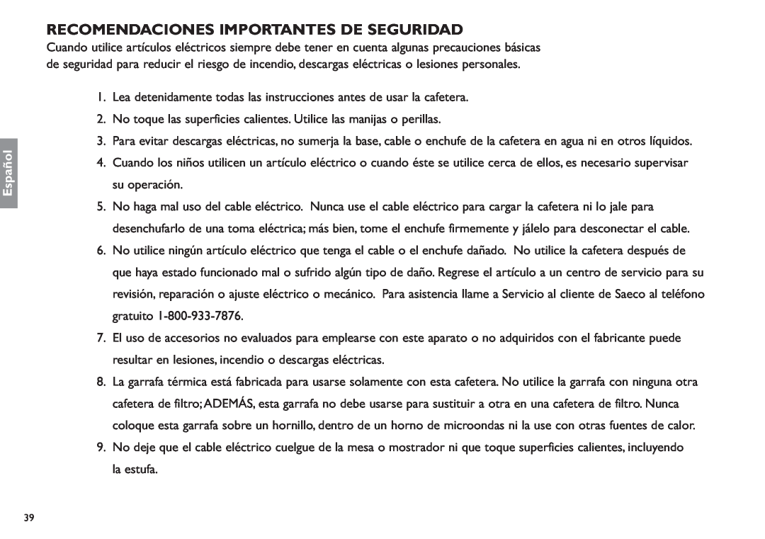 Saeco Coffee Makers XXCX manual Recomendaciones Importantes De Seguridad, Español 