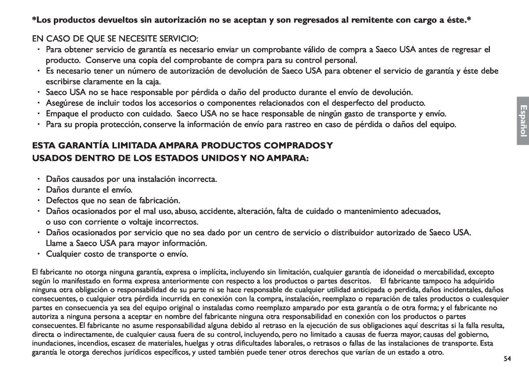 Saeco Coffee Makers XXCX manual Esta Garantía Limitada Ampara Productos Compradosy, Español 