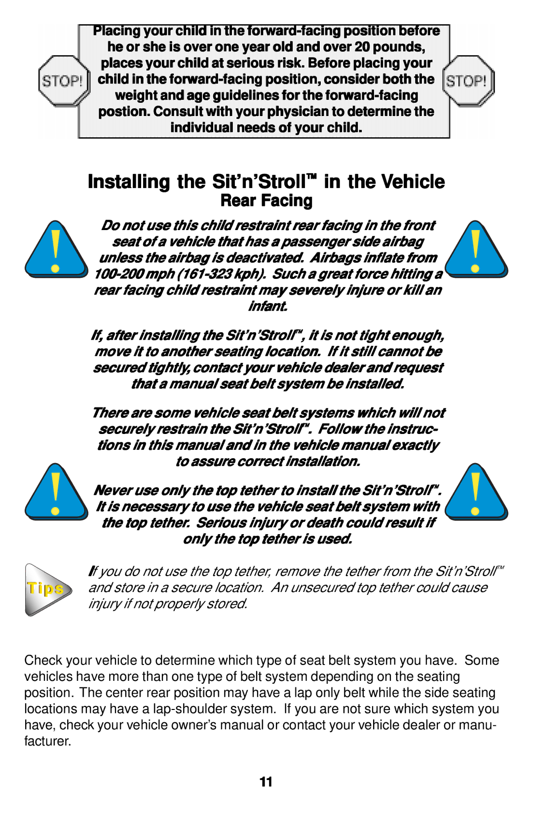 Safeline Sit'n'Stroll manual Installing the Sit’n’Stroll in the Vehicle, Rear Facing 