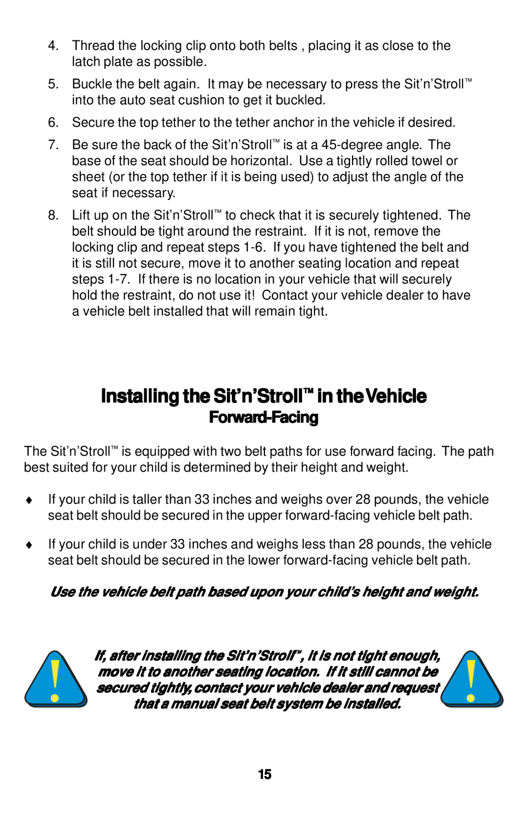 Safeline Sit'n'Stroll manual Installing the Sit’n’Stroll in theVehicle, Forward-Facing 