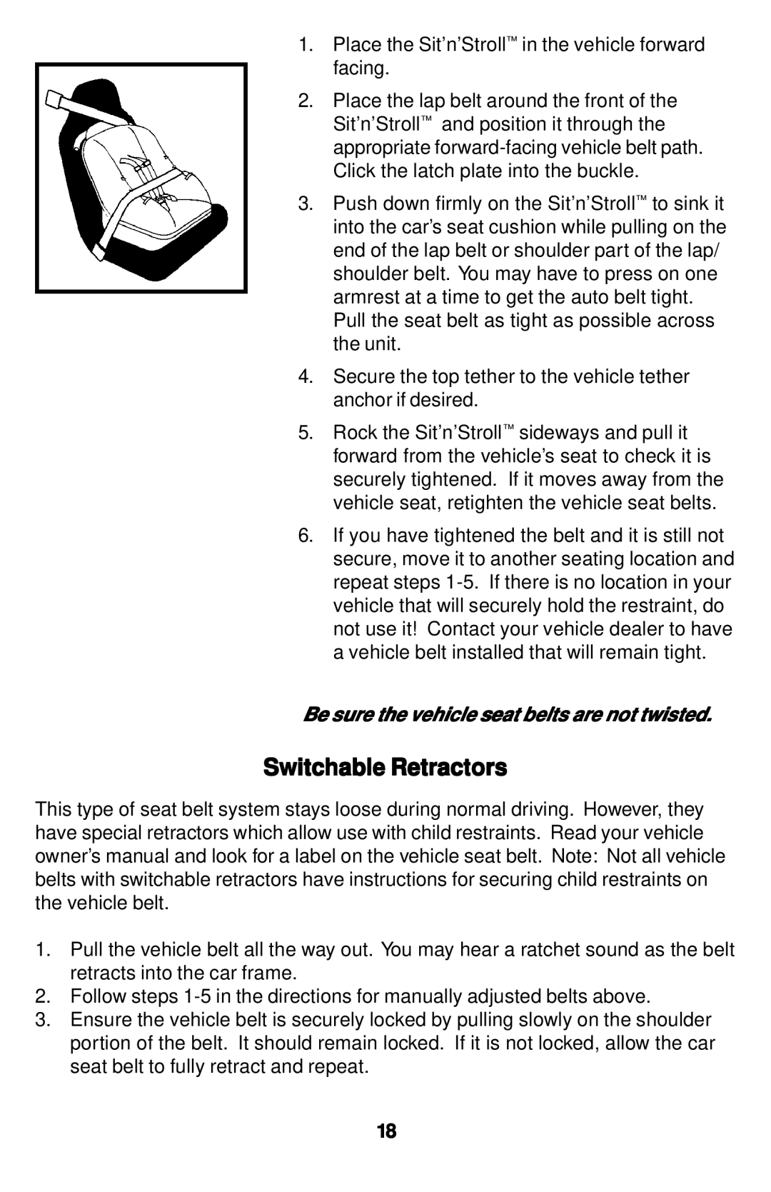 Safeline Sit'n'Stroll manual Be sure the vehicle seat belts are not twisted 