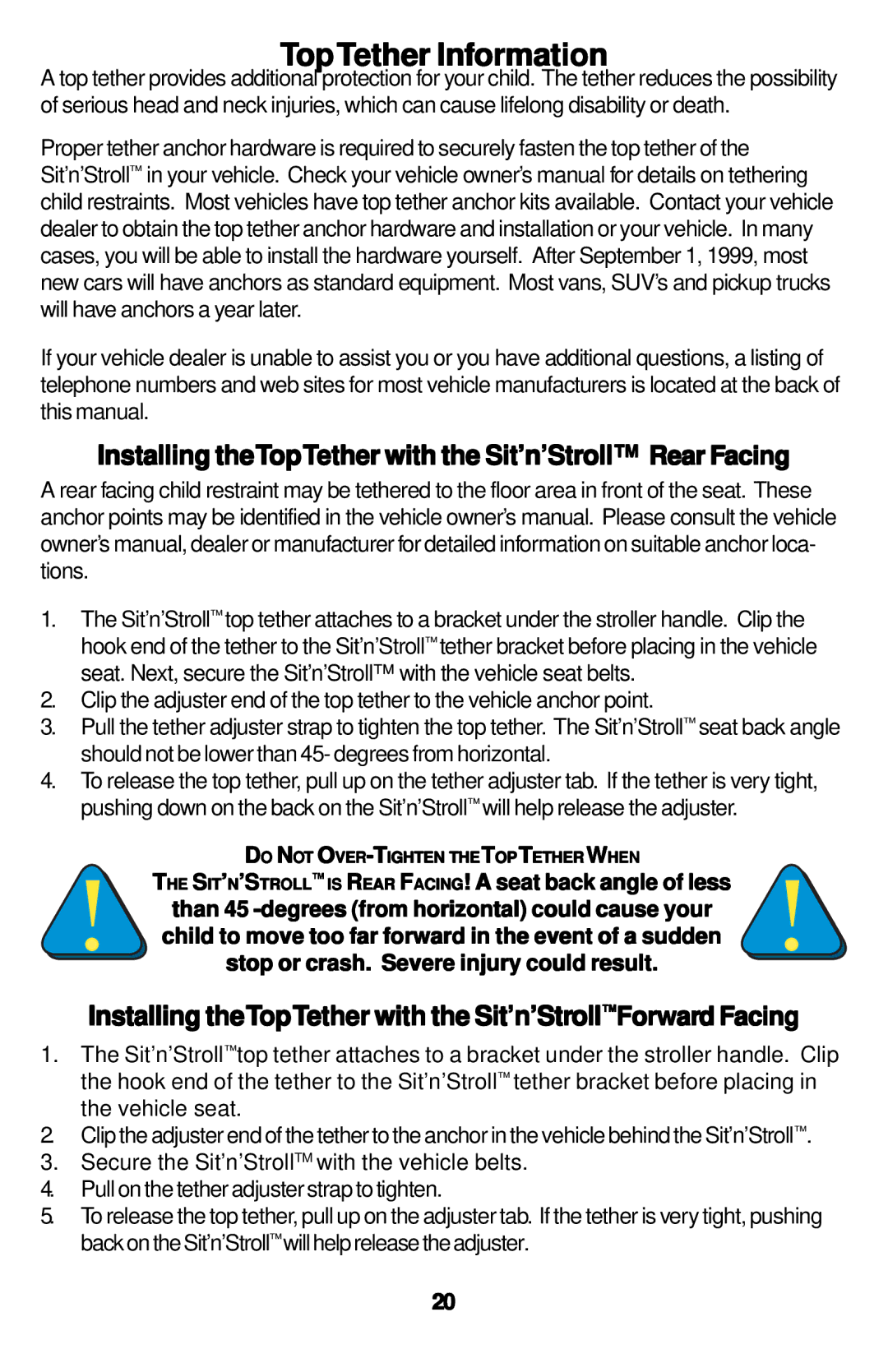 Safeline Sit'n'Stroll manual TopTether Information, Installing theTopTether with the Sit’n’Stroll Rear Facing 