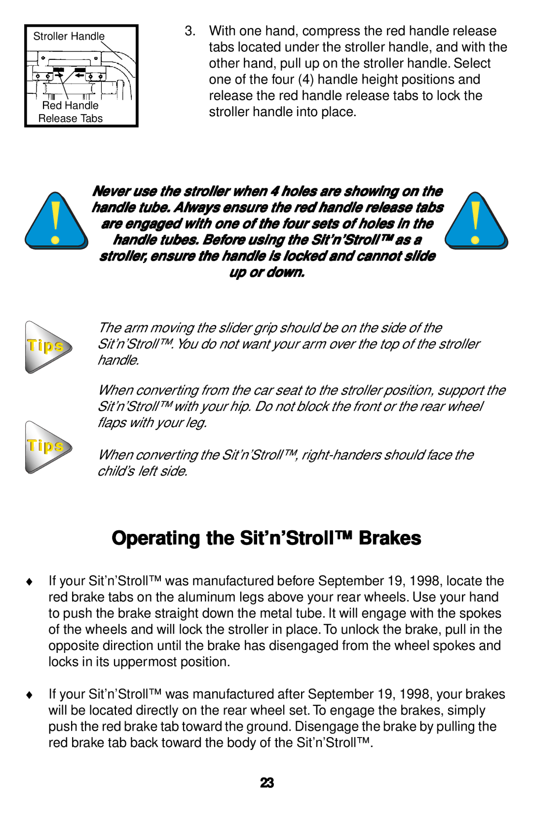 Safeline Sit'n'Stroll manual Operating the Sit’n’Stroll Brakes 