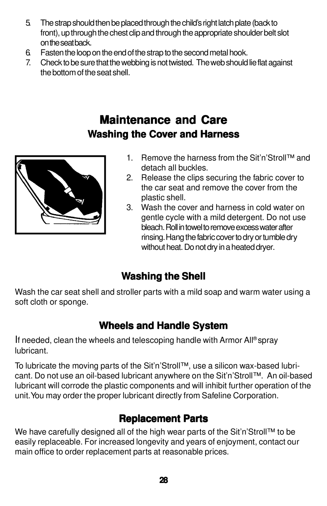 Safeline Sit'n'Stroll Maintenance and Care, Washing the Cover and Harness, Washing the Shell, Wheels and Handle System 