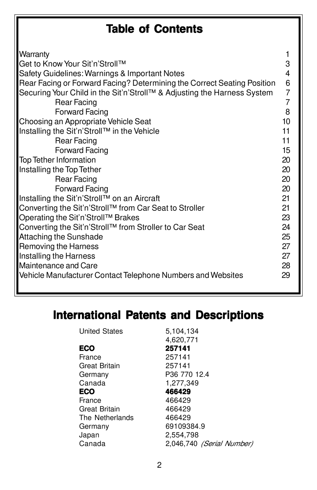 Safeline Sit'n'Stroll manual Table of Contents, International Patents and Descriptions 