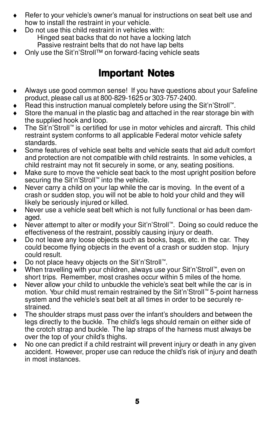 Safeline Sit'n'Stroll manual Important Notes 